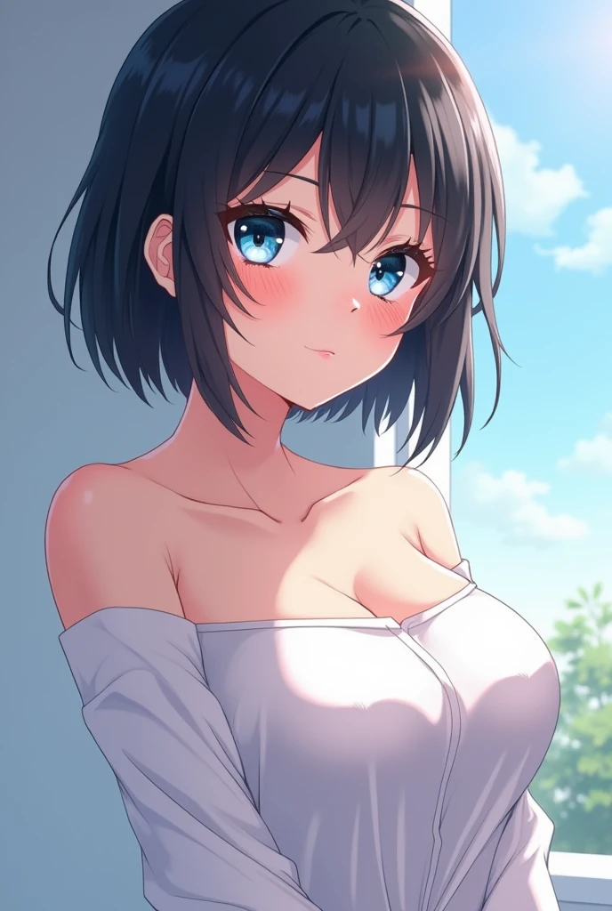 cowboy_shot, looking_back, focus on eyes, breast squeeze, beautiful detailed fullbody, girl,woman,female, young,20 years old, medium hair, bob cut, bangs, high ponytail, brown hair, Authentic and detailed face, smile, complex details beautiful and delicate eyes, parted_lips, bare_shoulders, delicate hands, cleavage, navel, , blue eyes, Beautifully gorgeous necklace, side-tie_bikini_bottom, tank_top, garter_straps, see-through, collarbones, thigh_gap, white Clothes, indoors, sunlight, day, bokeh, Very detailed CG unified 8k wallpaper, absurdres, extremely detailed CG 8k wallpaper,
