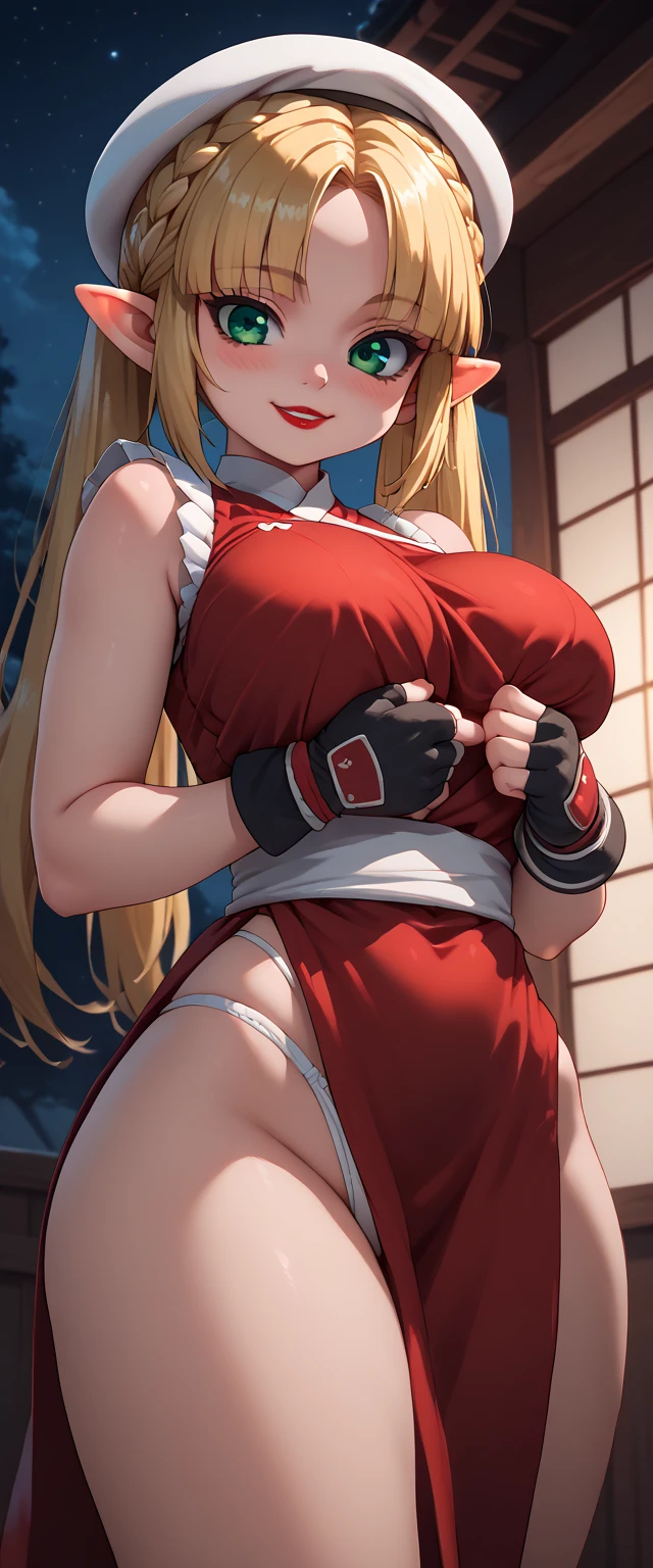 A slim Korean beauty,15 years old,Good shape,Pretty Face,detailed picture, blush,White long hair, Wearing cheongsam, Wearing black tights, Wearing black UFC boxing gloves, Alone and riding on the opponent in a sexy position,Large Breasts,Cleavage,Thin legs,nipple,Camel toe