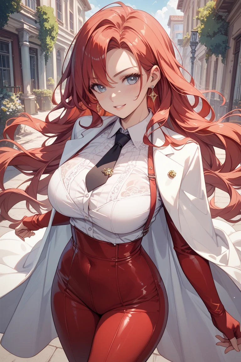 professional artwork, Intricate Details,(masterpiece, best quality), sharp focus, detailed painting, photorealistic lighting, trending on pixiv, red glowing eyes, smirk, blushing, dark, gloomy, dramatic lighting, fog, mist, god rays, fantasy landscape, day, sunny sky, castle, walking, girl, sexy, close up, red blood hair color, mature female,Beautiful Finger,Beautiful long legs,Beautiful body,Beautiful Nose,Beautiful character design, perfect eyes, perfect face, extremely detailed CG unreal engine 8k wallpaper, perfect lighting,Colorful, Bright_Front_face_Lighting, ultra high res,4K,ultra-detailed, photography, 8K, HDR, highres, (small boobs), rich detailed lips, rich detailed lipstick, beautiful detail eyes, (upper body, half body shot), choker, glasses,
labcoat, open shirt, pencil skirt, thighhighs, garter straps, lace trim, lace-trimmed bra, high heels,
asaemon_sagiri, (solo:1.4)