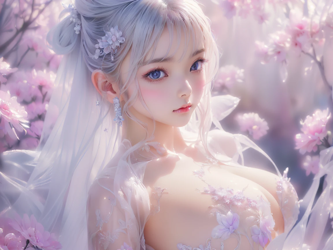 best quality, masterpiece, High target, There is a girl with a basket of flowers on her head, Big breast beauty,Very sexy,beautiful clothes, Hair Decorationss, necklace, Decorations, Pretty Face, When the body, Tyndall effect, Realistic Portraits, Edge lighting, Two-color light, (Very delicate skin:1.2), 8K uhd, Digital SLR Camera, Soft Light, high quality, Volumetric Lighting, Honest, photo, high resolution, 4K, 8K, Bokeh, Pure white hair,Pink Eyes.