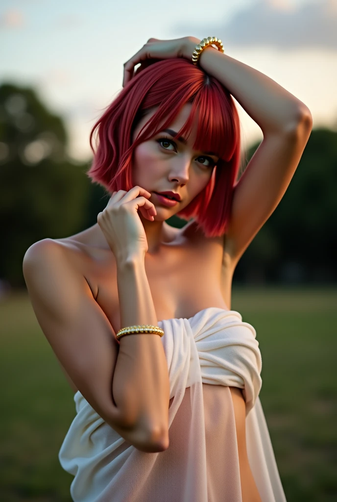 professional medium shot photo of skinny nude provoking nymphette with (curly pixie haircut) (wine red hair) snub nose with detailed facial features and model eyes hanging out at the meadow, soft shadows, medium breasts, small smile