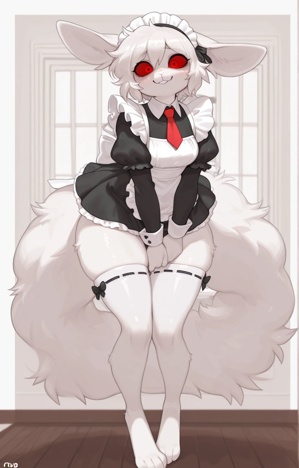 Furry, short white hair, maid dress, cute thighs, detailed thighs, pale white skin, work of art, detailded, silk socks with pink bow, pink eyes with heart, god of eyes, femdom, dominant, fluffly, peito pequeno fluffly,
