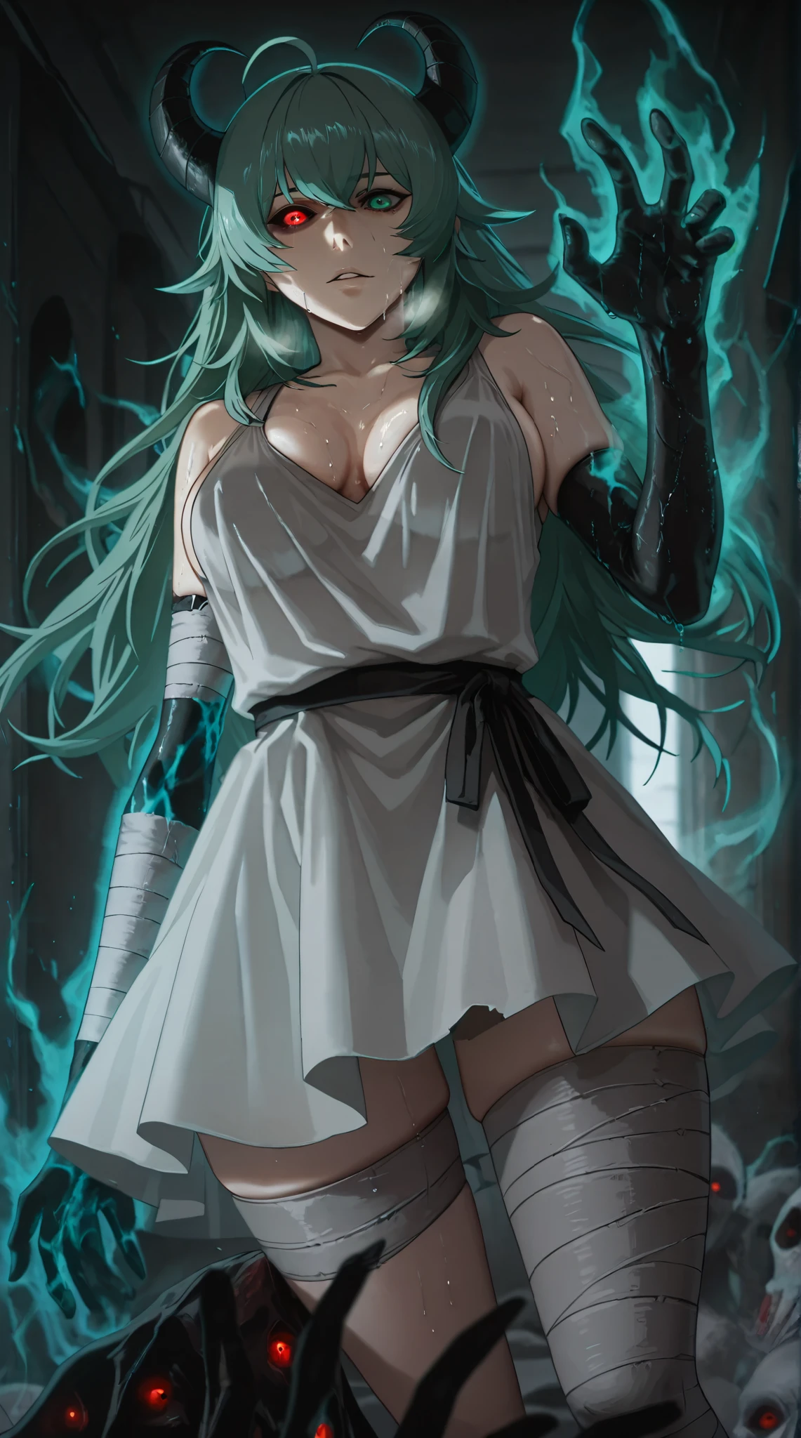 (Luxu-style:1.4), (Gogalking-style:1.2), babu-style, anime coloring, anime screencap, anime-style detailed background, vignetting, masterpiece, high quality, absurdres, best quality, very aesthetic, newest, dynamic composition, anatomical correct, HD, 4K, digital art, trending on ArtStation, ((anatomical correct)), perfect body, perfect eyes, perfect fingers, gasping, heavy breathing, excessive sweating, sweating, sweating profusely, gasping profusely, cinematic, ((skindentation)), ((curvy)), eto-oa, long hair, green hair, green eyes, heterochromia, ghoul eye, medium breasts, sagging breasts, plumps, (aura), (black aura:1.2), 1girl, breasts, horns, glowing, dress, white_dress, solo, cleavage, bandages, bandaged_leg, glowing_eyes, looking_at_viewer, ahoge, parted_lips, glowing_eye, monster_girl, colored_sclera, black_sclera, black hands, shadow, shadow hands,