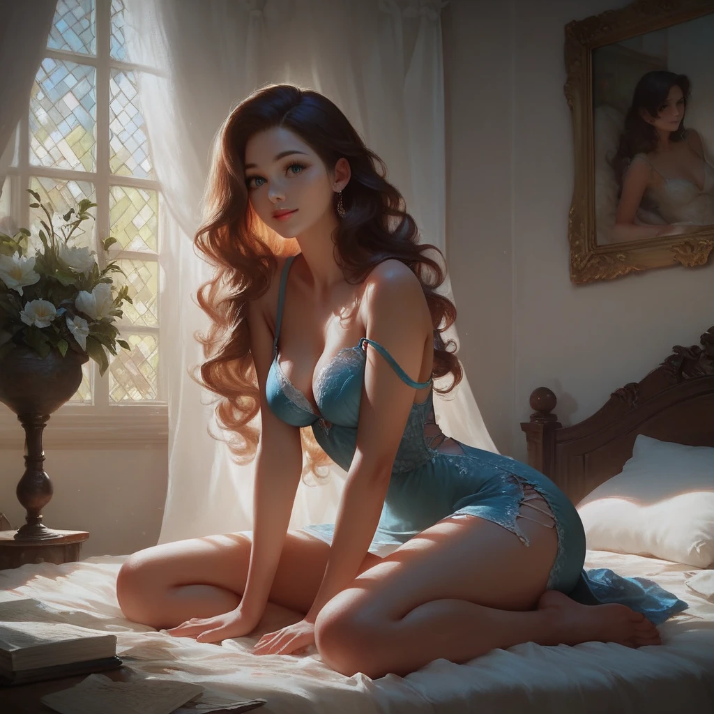 (best quality,4k,8k,highres,masterpiece:1.2),ultra-detailed,(realistic,photorealistic,photo-realistic:1.37), full body, beautiful woman, intricate pastel lingerie, wavy hair, beautiful face, perfect face, big gorgeous eyes, soft smile, parted lips, perfect slim fit body, luxury bedroom, bright colors, painting, portrait photography
