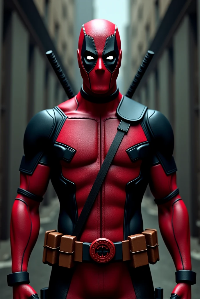 Deadpool, muscular, lean physique, legs, black and red suit, tight spandex suit, spandex black and red mask, 2 katanas hanging behind of the back, straps on his chest, pistols on the waist, high resolution, ultra detailed  CG Unity, cinematic lighting, rain, 8k, trending on ArtStation, trending on CGSociety, center focus