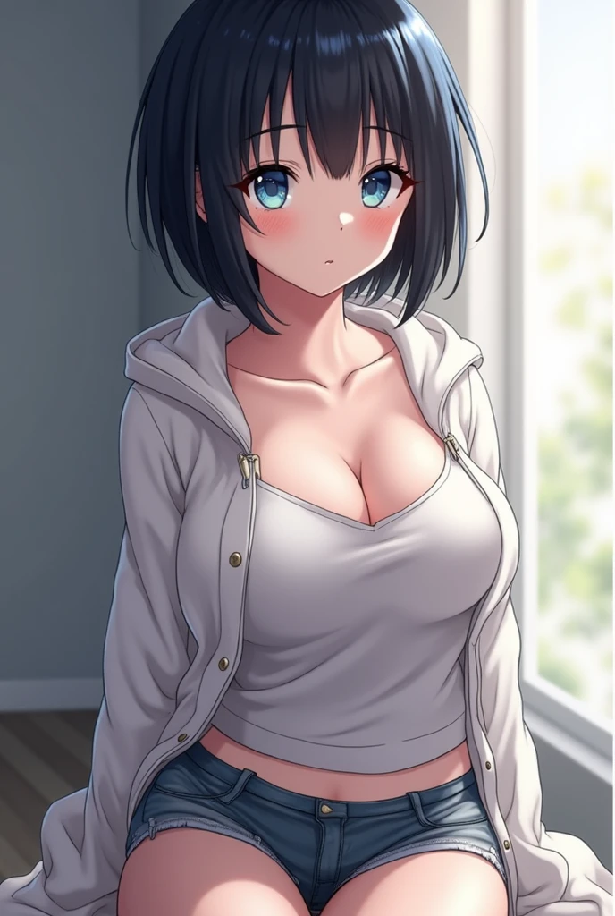 (((masterpiece))),fuyumi itadori, Anime girl characters, 1girl, solo, looking at viewer, medium hair,black hair,Yellowstone eyes, long sleeves, cleavage, bigger breasts, closed mouth, collarbone, jacket, open clothes, open jacket, blue jacket, ground vehicle, sports bra, tall girl, horny, big ass, beautiful face,Charming, Tight-fitting clothing,