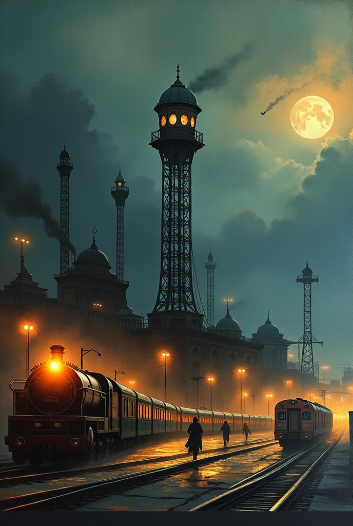 A hyperdetailed photograph of the Flying Scotsman on the rails producing lots of black smoke in an old timey city, night, dense fog, rain, HD, 8K resolution