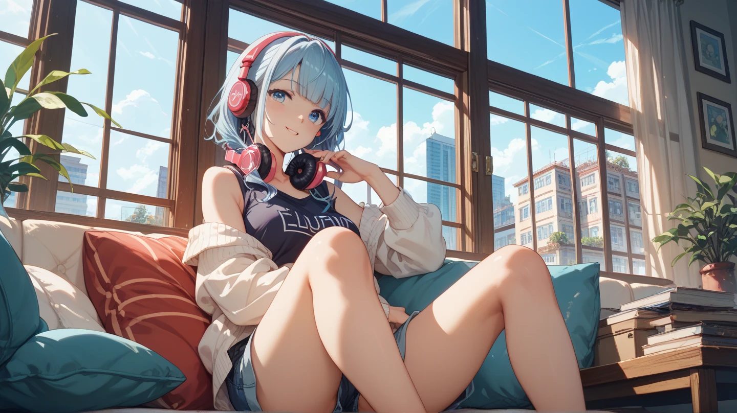 ((masterpiece)), ((best quality)), 8k, high detailed, ultra-detailed, A woman in a bikini at the beach, (large breasts:1.3), full body shot, wearing beach accessories, enjoying coffee, listening to music with headphones, evening setting, lofi atmosphere, woman, bikini, beach accessories, coffee, headphones, evening, lofi vibe