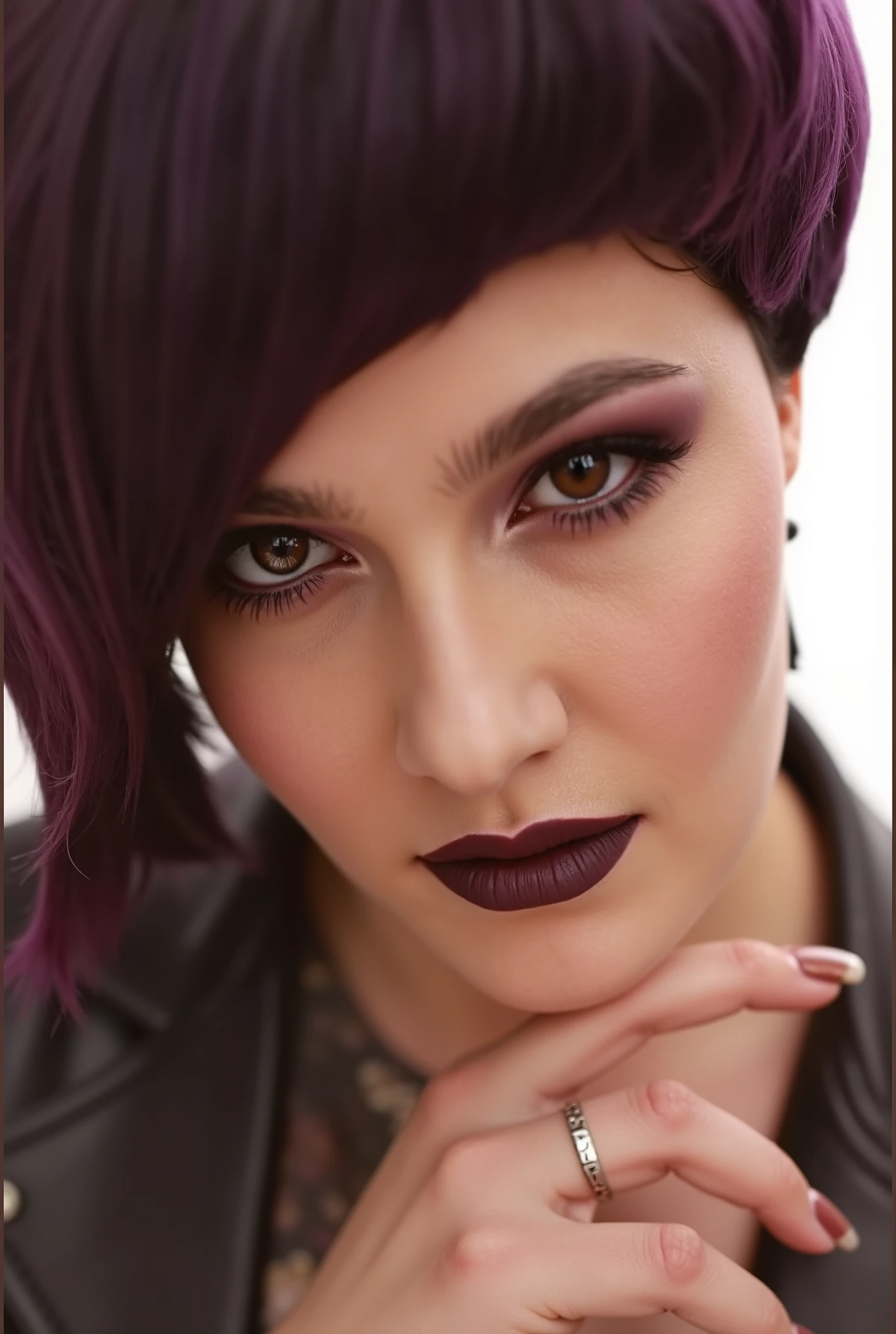 Portrait of a beautiful young girl in close-up, dark purple carefully crafted shiny hair, bangs,
expressive saturated makeup, gaze, dark lipstick, leather jacket, studio light, fashion photography, posing, model, advertising, gloss, digital photo, high detail, 64k quality,