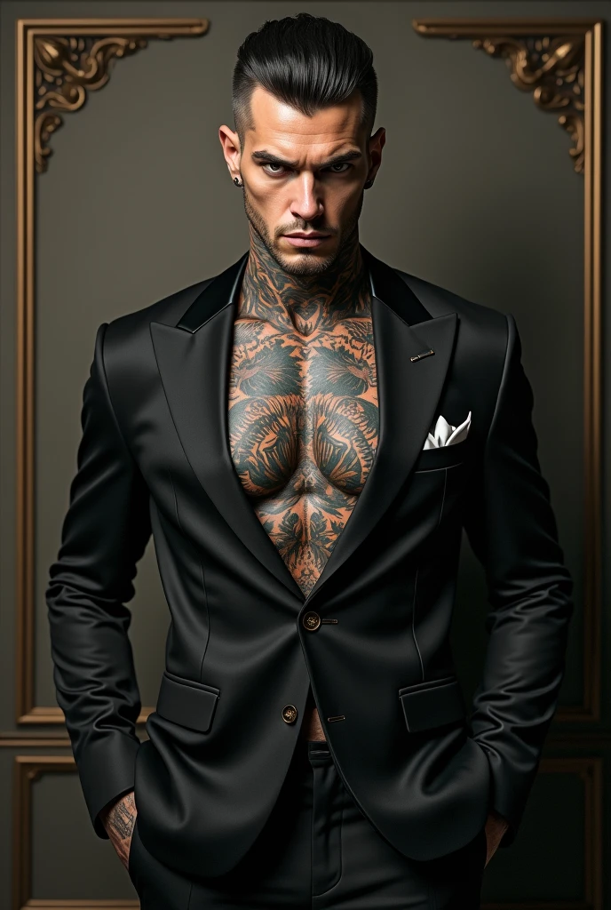 a muscular tattooed man,1 meter 80 tall,wearing a black dress shirt,black jeans,black jacket,low cut hairstyle,beard,detailed realistic portrait,dramatic lighting,cinematic composition,highly detailed