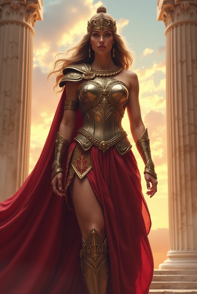 (clothed, masterpiece, wide angle, cinematic establishing shot, young adult european woman, highly detailed background:1.2), volumetric lighting, subsurface scattering, dynamic pose, (special effects, color grading, fantasy aura), (Sun Priestess:1.4), (Medium Covered breasts:0.81), Golden sunrise, radiant headdress, sunbeam cloak, divine staff (style of Gil Elvgren:1.5),
