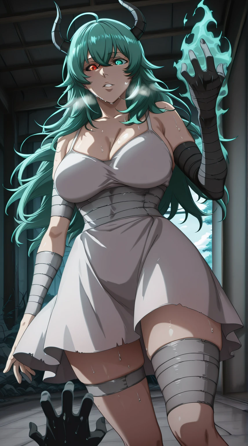babu-style, anime coloring, anime screencap, anime-style detailed background, vignetting, masterpiece, high quality, absurdres, best quality, very aesthetic, newest, dynamic composition, anatomical correct, HD, 4K, digital art, trending on ArtStation, ((anatomical correct)), perfect body, perfect eyes, perfect fingers, gasping, heavy breathing, excessive sweating, sweating, sweating profusely, gasping profusely, cinematic, ((skindentation)), ((curvy)), eto-oa, long hair, green hair, green eyes, heterochromia, ghoul eye, medium breasts, sagging breasts, plumps, (aura), (black aura:1.2), 1girl, breasts, horns, glowing, dress, white_dress, solo, cleavage, bandages, bandaged_leg, glowing_eyes, looking_at_viewer, ahoge, parted_lips, glowing_eye, monster_girl, colored_sclera, black_sclera, black hands, shadow, shadow hands,
