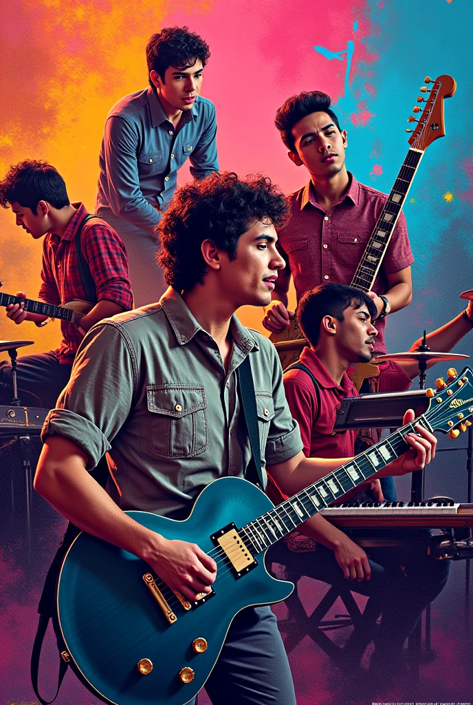 In a high school three friends with guitars , bass and drums playing at being a rock band , and a poster called PROZAC in a room in Mexico City in the 1980s , with alcohol beers