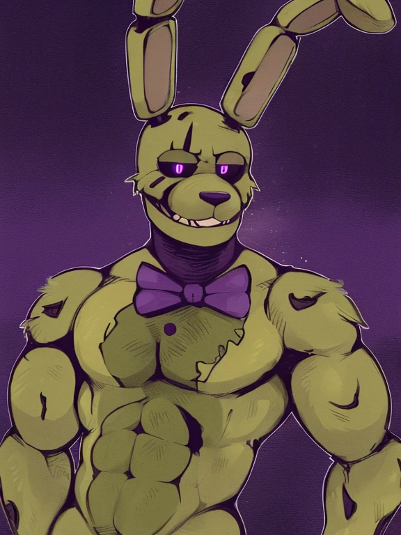Springtrap FNAF / Five Nights at Freddy's, best quality, handsome, Smiling, mouth open, holding glassess, cool pose, purple casual shirt, muscular, large bulge in underwear, blue underwear