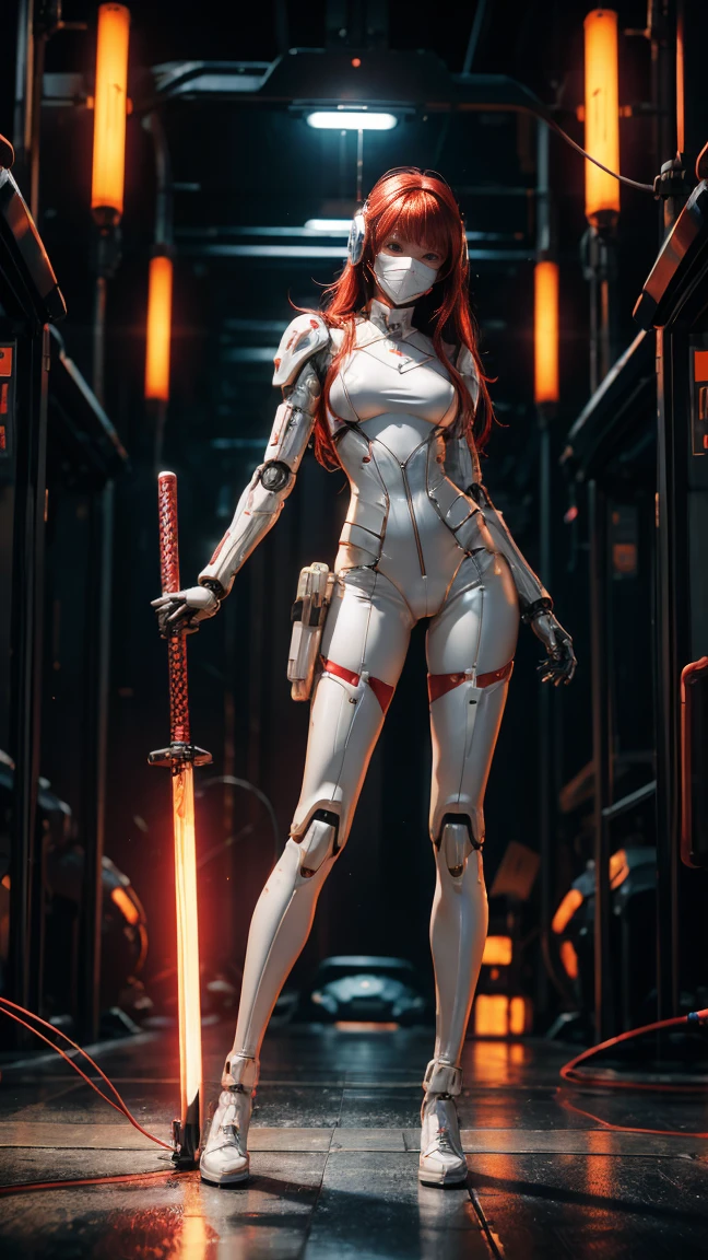 sexy robosamurai girl, white plastic body with red ornament, aesthetic, high detailed image, full body image