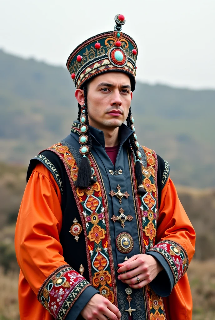 young man in bashkir folk outfit, vector graphics, strong contours