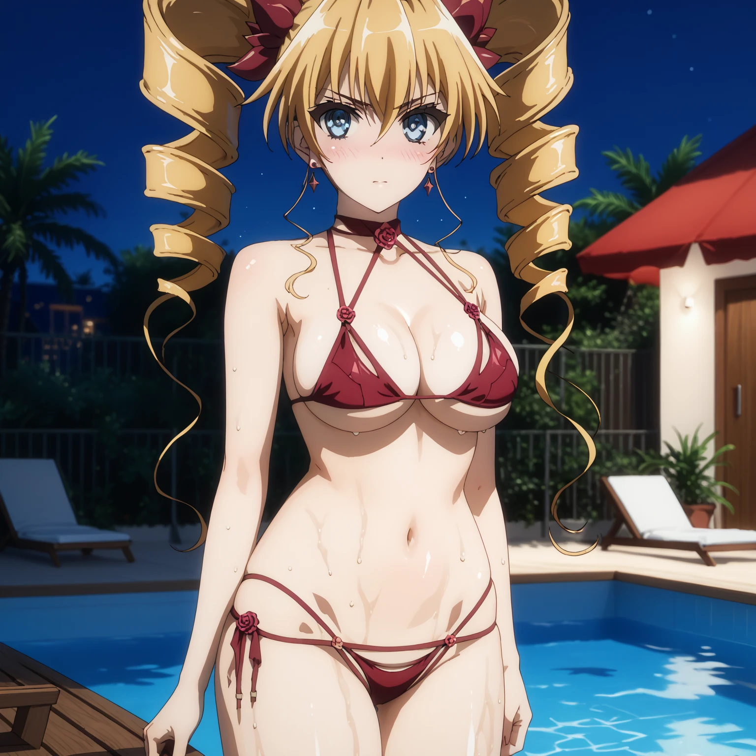 1girl, akizuki airi, blue eyes, blonde_hair, twintails, very_long_hair, she is wearing it in her hair_ornament red, hair_scrunchie red, medium_breasts, Bikini, pink bikini, full body, beach, sand, octopus, tentacle_breastgrab, tentacles, grabbing, arms up, ranking: explicit,