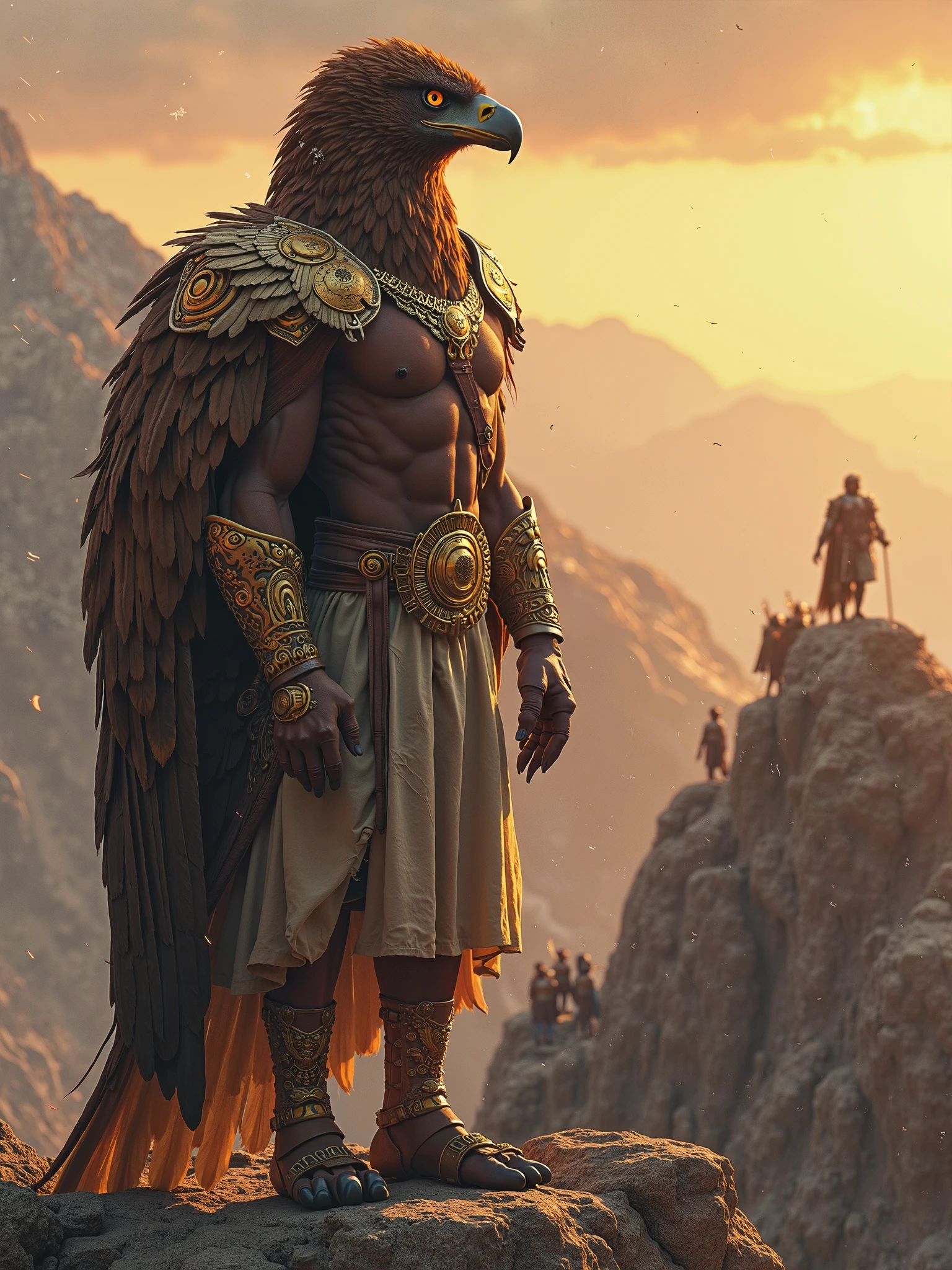 Create the image of a black indigenous Tupinambá superhero, flying over a tribal settlement while wearing an imposing headdress and holding a giant battle axe and bow and crossbow on his back