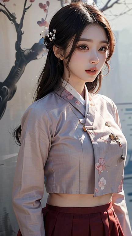 (best quality, 8k, masterpiece: 1.3), ((((((Incredibly huge breasts: 0.8))))), single ponytail, (beautiful face:1.3), Cherry blossoms are in full bloom, full of cherry blossoms, floating cherry blossom petals, very cool, Authentic Korean Hanbok