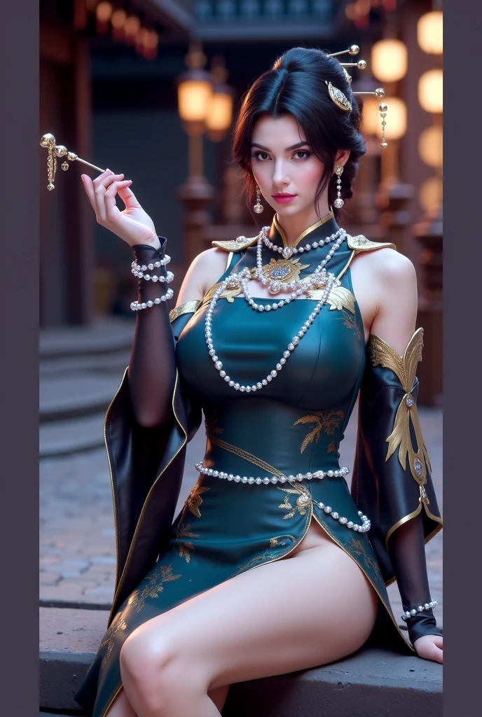 ((best qualtiy)), ((tmasterpiece)), (the detail:1.4), 3D, A beautiful cyberpunk female image,HDR(HighDynamicRange),Ray traching,NVIDIA RTX,Super-Resolution,Unreal 5,Subsurface scattering、PBR Texture、post-proces、Anisotropy Filtering、depth of fields、maximum definition and sharpness、Many-Layer Textures、big breasts exposed cleavage、Tong、Oriental dancer dress,Albedo e mapas Speculares、Surface Coloring、Accurate simulation of light-material interactions、perfectly proportions、Octane Render、Two-colored light、largeaperture、Low ISO、White balance、the rule of thirds、8K RAW、