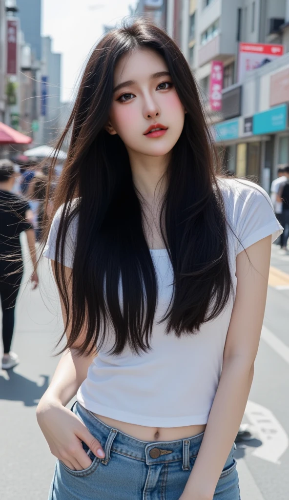 Best quality, masterpiece, super high resolution, (realistic: 1.4), original photo, (evening street), 1 girl, black eyes, long hair, light makeup, lips, small ears, white t-shirt, denim shorts, beauty in perfect shape: 1.4, (outdoor, seaside: 1.1), city street, super fine face, fine eyes, double eyelids, long legs