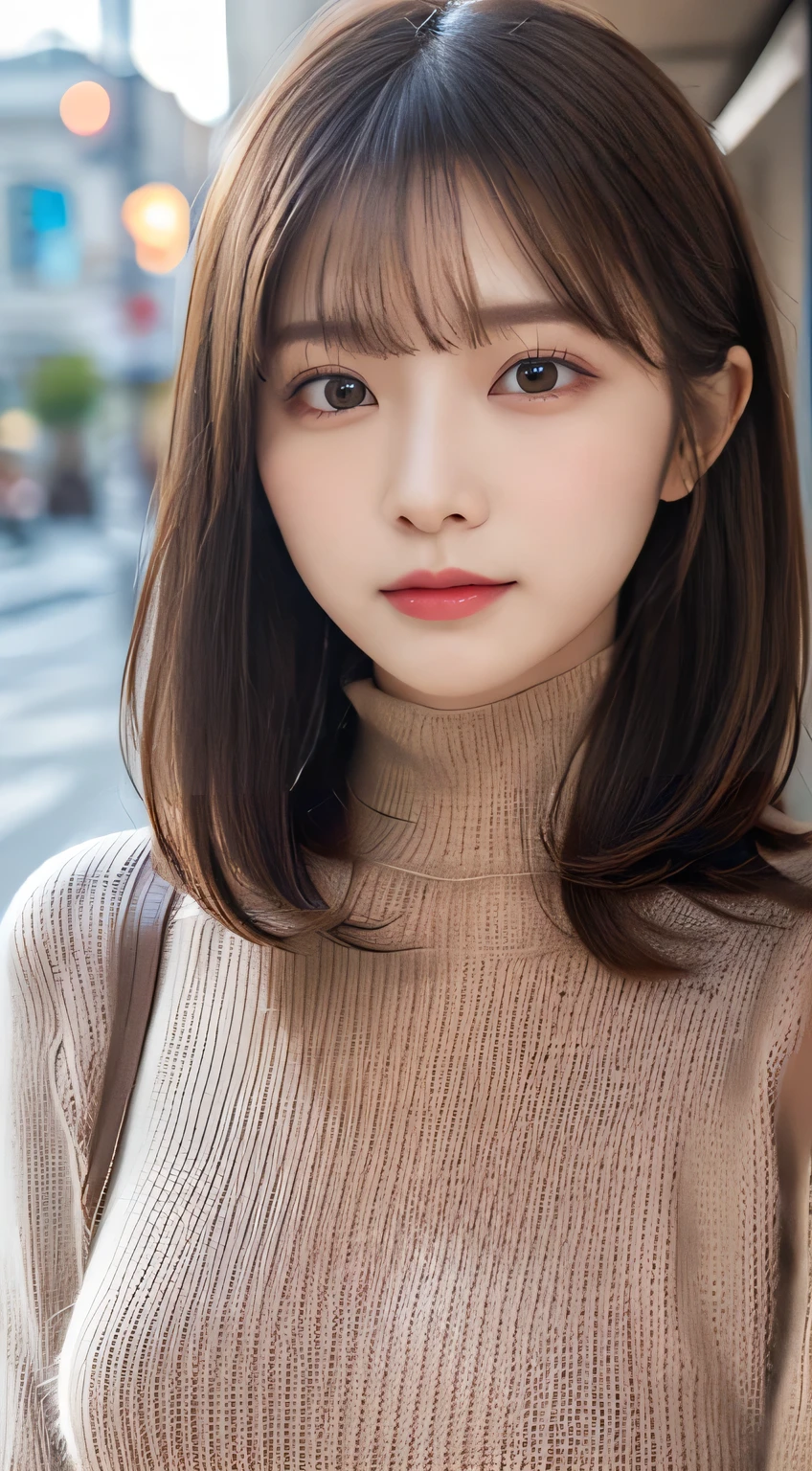 (beautiful girl、cute face、stare at the viewer:1.3)、top quality,8K image、 perfect double eyelids、happy、natural color makeup、Moist lips、white skin、(straight hair、medium hair、straight hair, strongly blurred background :1.3),(Brown knit、 high neck:1.4),