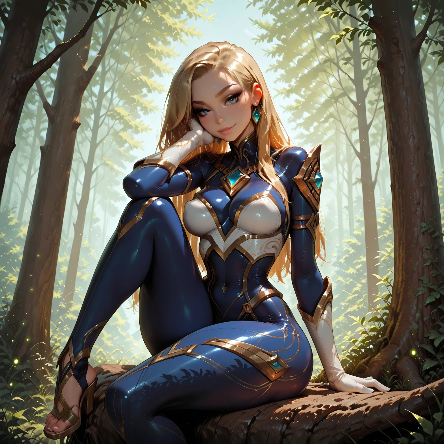 Pirotess,, (yellow eyes), white hair, silver hair, very long hair, straight hair, solo, adult woman, tall, slightly muscular, large breasted, cleavage, constricted waist, Toned body, slight abs, thin dark skin, pointy ears, lipstick, makeup, black eyeshadow,, circlet, white short dress, jewelry, bracelet, white gloves, thigh boots,,, blue sky, white clouds, meadow, tree, sitting on a branch, from below, thighs, forest background,, cowboy shot,
