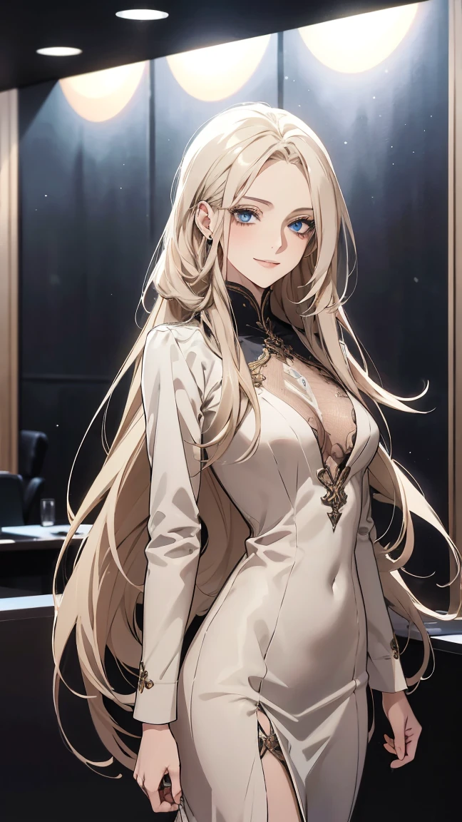 Illustration, detailed illustration, ultra detailed, dynamic angle, cowboy shot, 22 year old girl, beautiful, platinum blonde, long hair, wavy hair, cold blue eyes, pale skin, emotionless, disdainful, fancy restaurant, black formal dress, sitting, wearing engagement ring, showing ring to viewer, looking down at viewer, group, 1man, man kneeling, putting ring on her finger