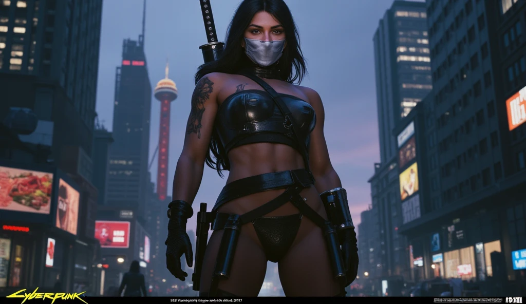Pretty woman, The anti hero wears a black and purple outfit, Laser katana sword in hand, White skin, long black hair, painting, Jeff Bridges, ((Cartoon style)), أسلوب Marvel Cinematic Universe, (((Cyberpunk city in the background))), Soft bokeh for the futuristic city, Ghouls are coming, Jeremy Mann, Greg Manches, Antonio Moro, Trend in Artstation, Trend in CGSsociety, complicated, High detail, Intense focus, Dramatic and realistic art by Midjourney and Greg Rutkowski, Bokeh in the background