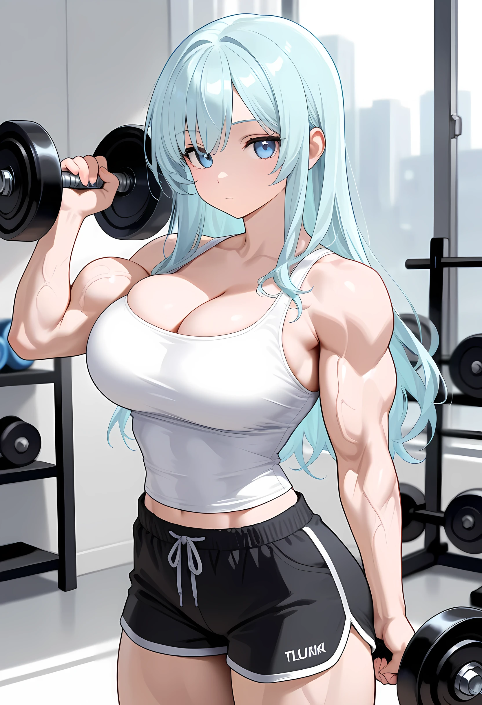 Perfect CG unity 8K UHD wallpaper(latina girl huge gigantic breasts cleavage showing bodybuilder very muscular toned body, pale skin, long platinum colored hair, vibrant glowing blue eyes, long detailed eyelashes) smiling sexy seductive facial expression, blushing, thick thighs, standing in a dynamic pose, wearing hoodie tank top and shorts, in a fitness gym, perfect masterpiece, best quality, best resolution