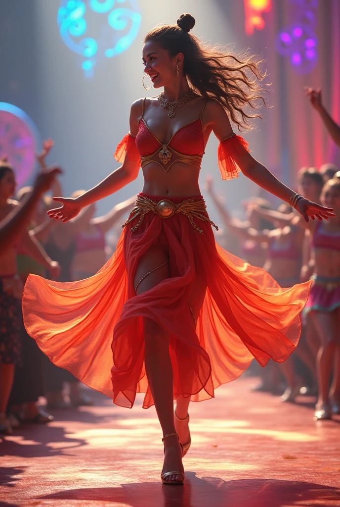 An idol girl from a K-pop group captivating the audience with a fiery dance performance, bathed in hot stage lights as a multitude of spectators cheer enthusiastically. Vibrant, energetic, crowded, dynamic dance moves, colorful stage lighting, excited fans.
