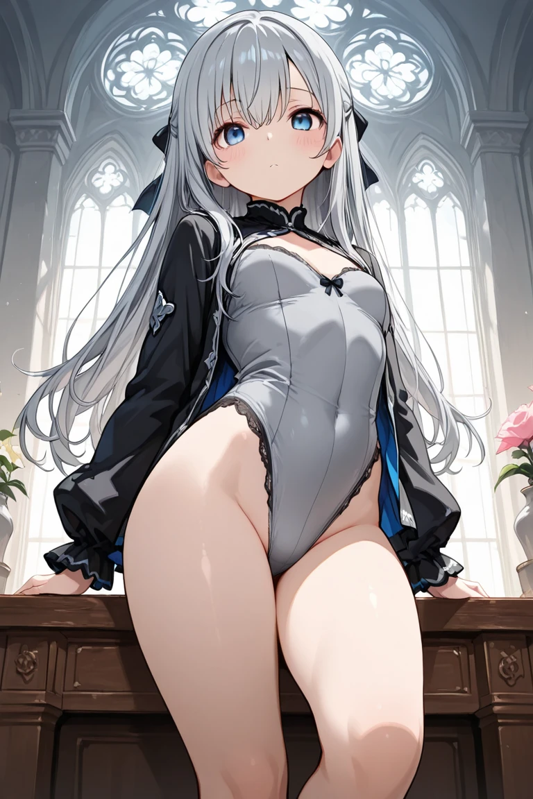 A woman is standing on the floor wearing a gothic lolita dress, alone, panties, underwear, skirt, (shiny dark purple satin panties:1.3)、panties that cover the butt、garter belt, Liar, Thighhighs, skirt lift, think back, realistic，cute anime girl，Ideal Style，open leg，focus on butt，crawl on all fours，Highest image quality，Turn around with a serious face，long silver twintails，Lace see-through fabric，(butt crack:1.4) , (hand in panties:1.3) , embarrassed expression