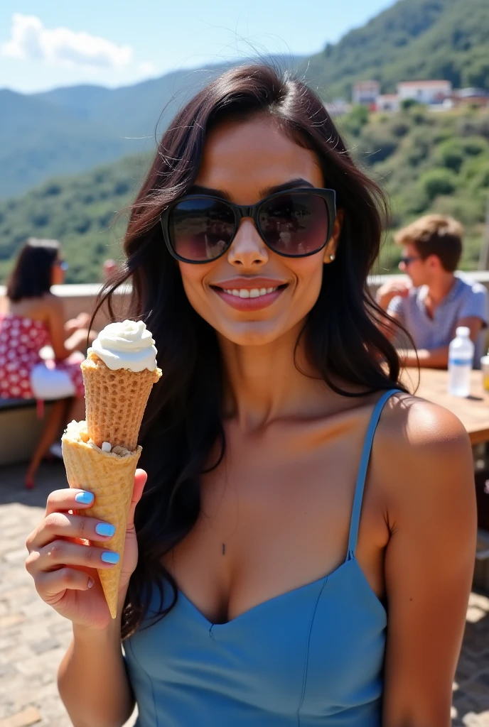 Obese woman showing her tits while eating a vanilla ice cream