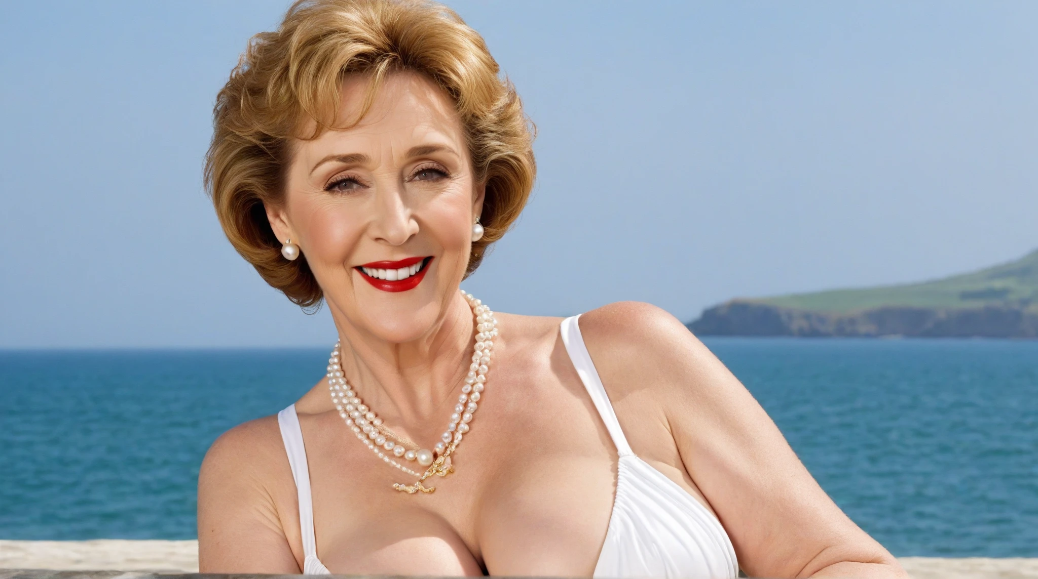 Nancy Pelosi, full body shot, 83 year old woman, granny, skinny, (wrinkled skin), pale skin, freckles, (big saggy breasts), (naked), (spreading legs), laying on a yacht deck, sexy,bokeh,f1.4,40mm,photorealistic,raw,8k,skin pores,dried-up,textured skin,intricate details,dramatic light,award winning,style by Dan Winters,RAW photography,film grain,(indistinguishable from reality:1.4),photo taken with a Bolex H16,captivating eyes,smiling,charming,striking features,character,thorough,