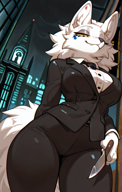 ((((((1boy)))))), fluffy blonde hair, ((big sharp wolf ears)), wolf tail, slim figure, ((pale skin)), sky blue eyes, joyful, big thighs, fangs, slim waist, lean figure, skin pale, youthful appearance, (((bulge))), black thigh socks, black coat, twink, full body view, excellent physique, victorian gothic clothing, ((big butt))
