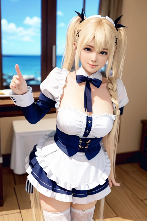 asterpiece, best quality, highres, lucy heartfilia, blonde hair, twintails, large breasts, black thighhighs, maid outfit , cowboy shot, indoors, sitting, reaching out, smile, open mouth,