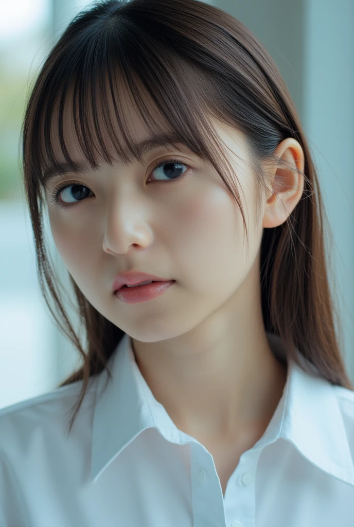 Pale Expression This image is a close-up portrait of a young woman., pale skin - SeaArt AI