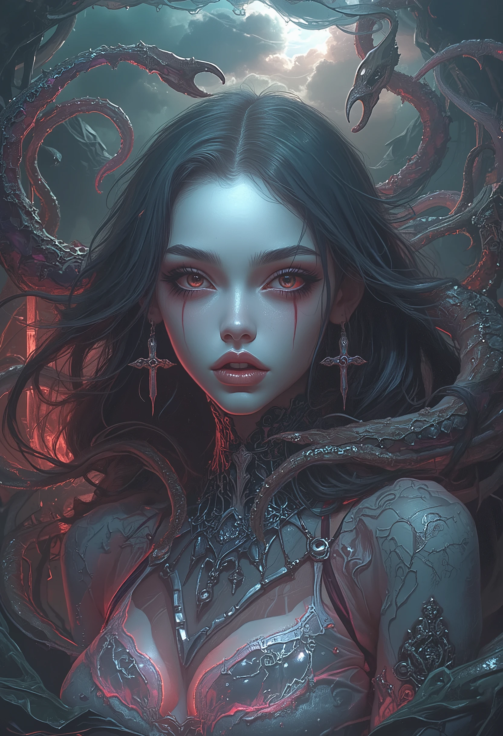 (4 iridescent eyes:1.5), four eyes, scary and sexy detailed art in color, Portrait, (beautiful and obscene female alien:1.4), (vulgarity1.7), (Translucent white skin:1.4), (There is a female genital-like organ in the middle of the forehead:2.3), (The most beautiful face in the history of the universe:1.2), an evil gaze that seduces, (sharp vampire teeth :1.0), Full body portrait, (bio luminescent:1.2),(Lots of translucent tentacles:1.8) , Neon Colored, in the deep sea, dramatic pose, four eyes,