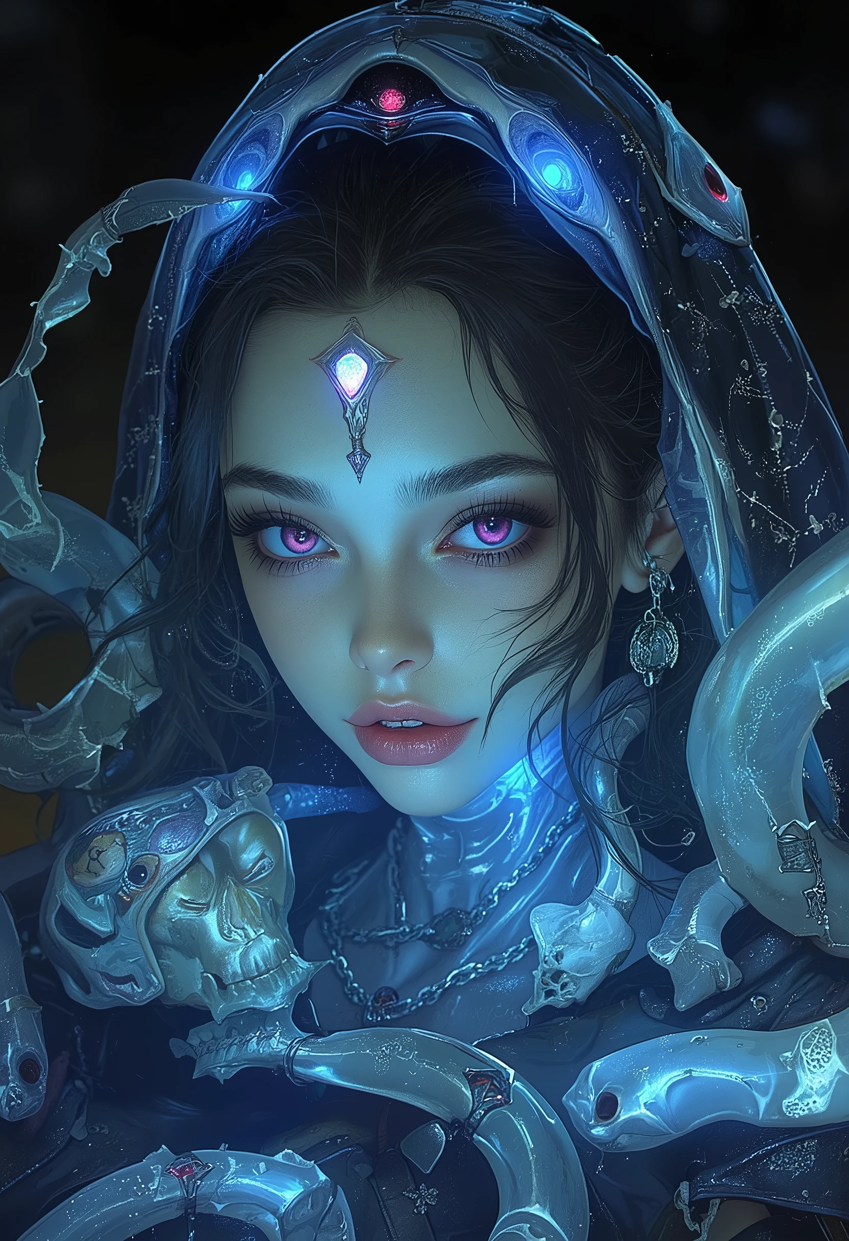 (4 iridescent eyes:1.5), four eyes, scary and sexy detailed art in color, Portrait, (beautiful and obscene female alien:1.4), (vulgarity1.7), (Translucent white skin:1.4), (There is a female genital-like organ in the middle of the forehead:2.3), (The most beautiful face in the history of the universe:1.2), an evil gaze that seduces, (sharp vampire teeth :1.0), Full body portrait, (bio luminescent:1.2),(Lots of translucent tentacles:1.8) , Neon Colored, in the deep sea, dramatic pose, four eyes,
