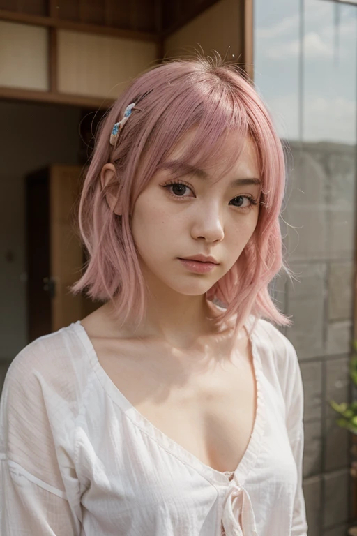 (8k, highest quality, masterpiece: 1.2), Very detailed, highest quality, Ultra-high resolution, Written boundary depth,(Very detailedな,Caustics),(Realistic:1.4,RAW shooting,)Ultra-Realistic Capture,Very detailed,High resolution 16K for human skin、 The skin texture is natural、Skin tone is even and healthy looking、Use natural light and color,One Woman Wide Writing、Natural Shading,Japanese,1 girl, (whole body), Beautiful Eyes,short hair,14-year-old girl,cute,Pink Hair,
