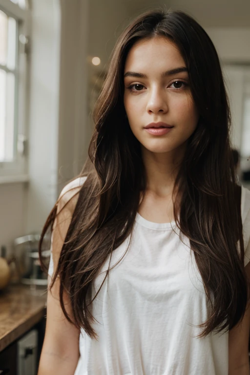 A GIRL WITH BROWN HAIR AND BROWN EYES WITH WHITE SKIN WHO LOOKS AT HERSELF IN THE MIRROR WITH A GREAT EMPTY AS IF SHE FELT SHE WAS NOT WORTHLESS 