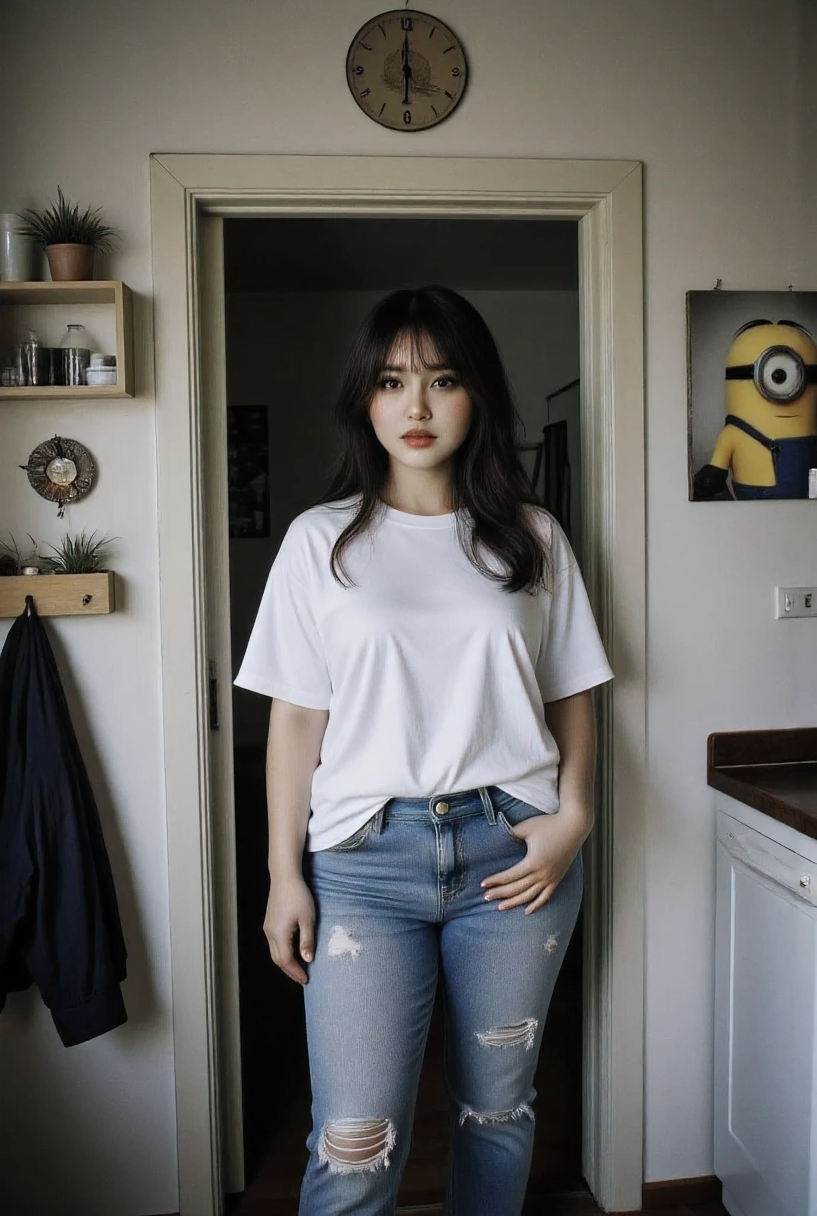 (quirky portrait of a yellow minion on the wall) Enormous and huge breasts , ((heavy breathing:1.3)), love, heart, crop top, happy, smile {(no bra, braless)} Taken from a Leica m9 50mm 1.2, lowlight photography, At the house, white and white seductive small smile, My Sweet adorable innocent and sexy korean goth girl mommy is standing in the doorway from the cluttered but homey and cozy countryside kitchen looking at me in pleasant surprise as she comes in, sexy and voluptuous 30-year-old goth milf in loose white oversized comfy t-shirt tucked into her ripped jeans, 1girl Cozy bedroom , 4kPhoto_PDXL Photorealistic, 30 years old , Filipina-korean goth girl brown skinned pacific islander Spanish mix girl, high resolution, white and white life-like details, Freckles, moles, simple and elegant demeanor, lovely and ethereal face, Photorealistic and life-like skin texture, , My Sweet adorable innocent and sexy mommy is standing in the doorway looking at me in surprise as she comes in, sexy and voluptuous 30-year-old goth milf in loose oversized white t-shirt , 1girl, realistic,life-like skin texture,symmetrical,aesthetically pleasing,cinematic composition,detailed portrait,photorealistic,masterpiece,ultra-detailed,sharp focus,physically-based rendering,extreme detail description,professional,vivid colors,high resolution,4K,studio lighting,dramatic lighting,dramatic shadows,dramatic atmosphere,dramatic background,dramatic pose,cinematic framing,cinematic lighting,cinematic camera angle,cinematic depth of field,moody,dark,chiaroscuro,dramatic color palette,dark and moody,dramatic colors,