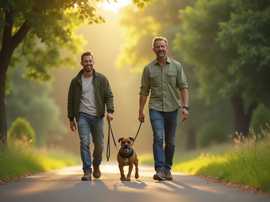 middle-aged man, with gray hair, walking a shepherd dog in the park. Dressed in jeans and a white T-shirt. Sunny day, The trees are green, some are blooming
