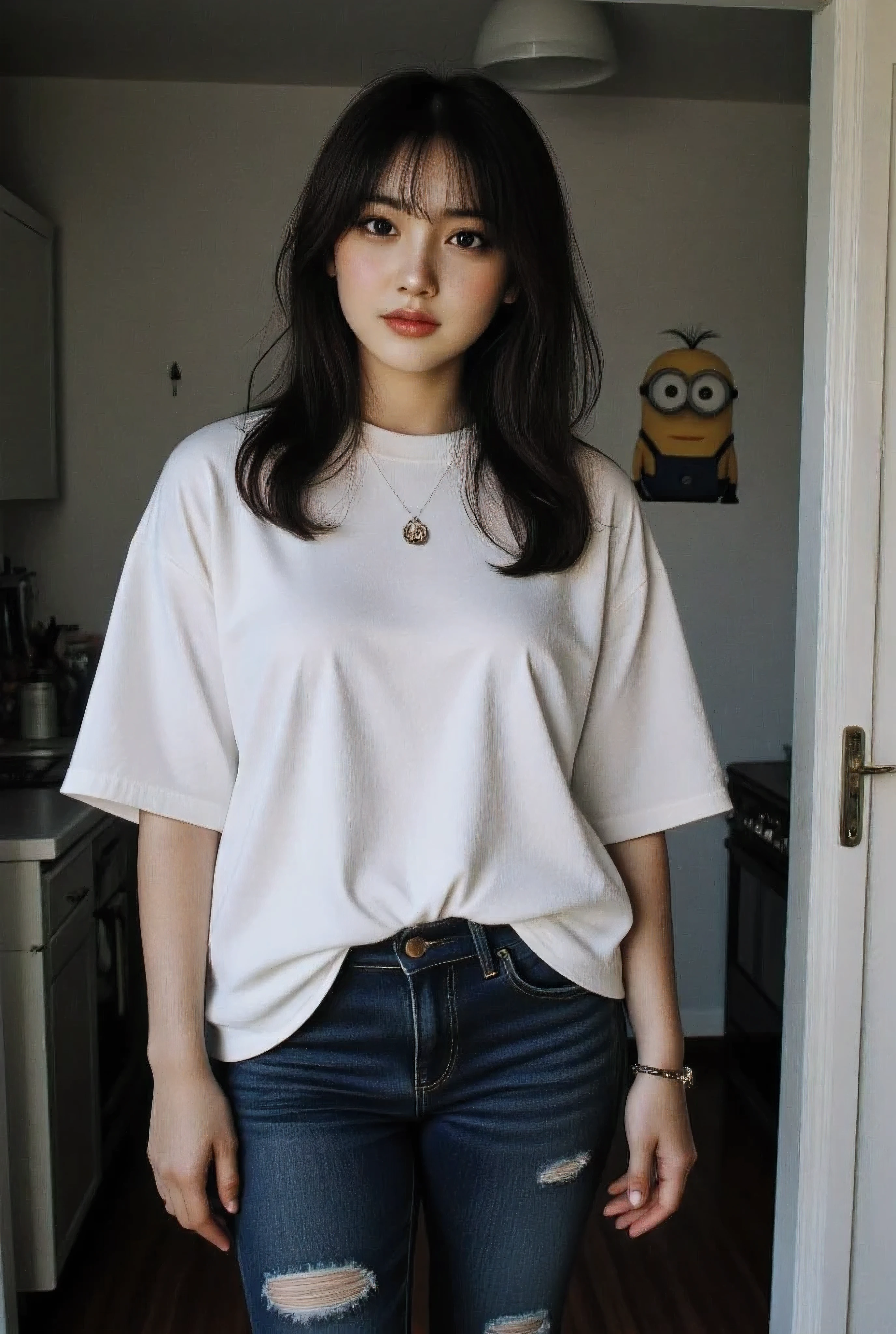 (quirky portrait of a yellow minion on the wall) Enormous and huge breasts , ((heavy breathing:1.3)), love, heart, crop top, happy, smile {(no bra, braless)} Taken from a Leica m9 50mm 1.2, lowlight photography, At the house, white and white seductive small smile, My Sweet adorable innocent and sexy korean goth girl mommy is standing in the doorway from the cluttered but homey and cozy countryside kitchen looking at me in pleasant surprise as she comes in, sexy and voluptuous 30-year-old goth milf in loose white oversized comfy t-shirt tucked into her ripped jeans, 1girl Cozy bedroom , 4kPhoto_PDXL Photorealistic, 30 years old , Filipina-korean goth girl brown skinned pacific islander Spanish mix girl, high resolution, white and white life-like details, Freckles, moles, simple and elegant demeanor, lovely and ethereal face, Photorealistic and life-like skin texture, , My Sweet adorable innocent and sexy mommy is standing in the doorway looking at me in surprise as she comes in, sexy and voluptuous 30-year-old goth milf in loose oversized white t-shirt , 1girl, realistic,life-like skin texture,symmetrical,aesthetically pleasing,cinematic composition,detailed portrait,photorealistic,masterpiece,ultra-detailed,sharp focus,physically-based rendering,extreme detail description,professional,vivid colors,high resolution,4K,studio lighting,dramatic lighting,dramatic shadows,dramatic atmosphere,dramatic background,dramatic pose,cinematic framing,cinematic lighting,cinematic camera angle,cinematic depth of field,moody,dark,chiaroscuro,dramatic color palette,dark and moody,dramatic colors,