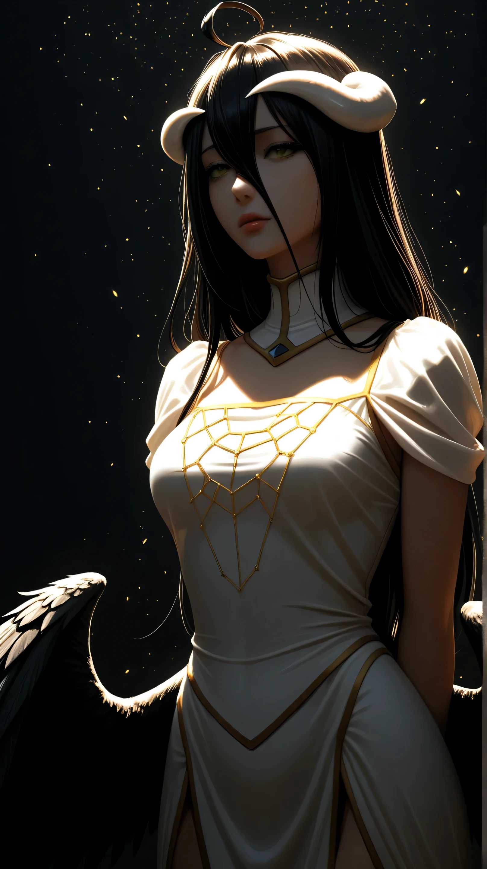 A high resolution, Sharp focus, Pixiv masterpiece, ((Intricate details)), Highly detailed, 1girl, Black wings, Gold-white dress, White horns, Albedo_Overlord, Black hair, (Low wing,:1.1), Upper body, black background, gold dust, gold sparks, gold particles, ((arms behind back)),