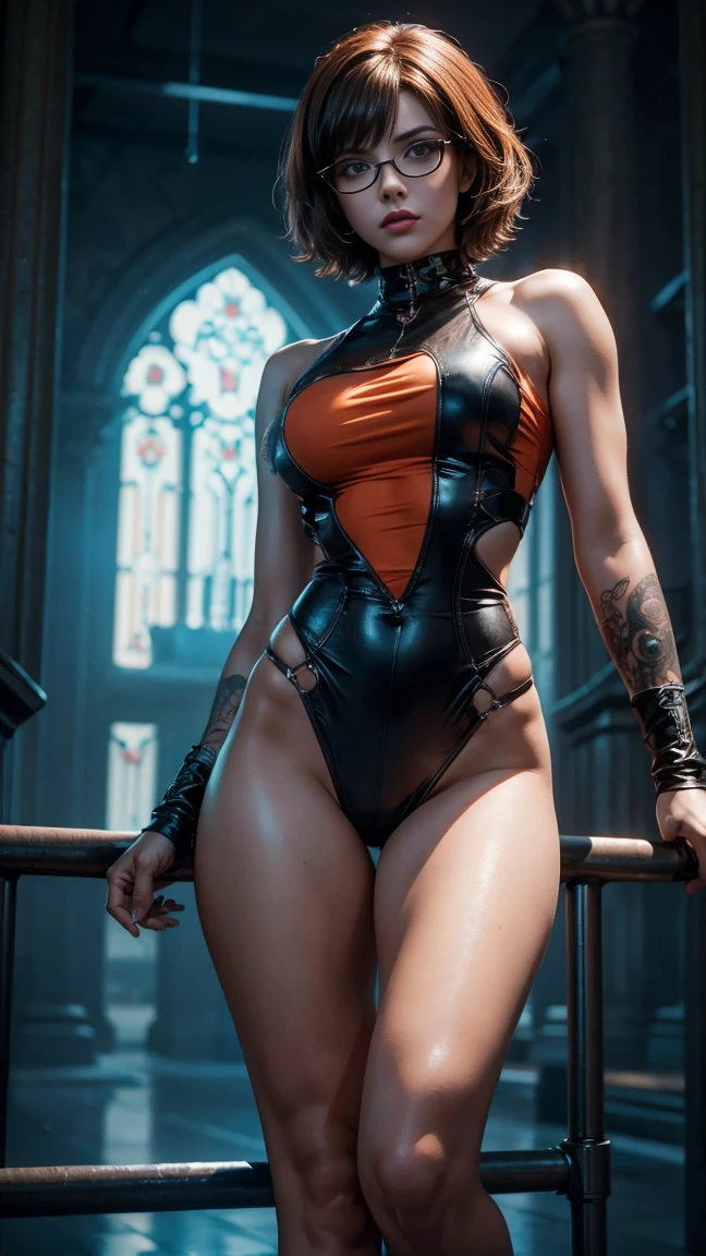 Full length shot, fit, slender pornstar MerrinJS, MerrinJFO, Skimpy, intricate, detailed, delicate, single 2 inch wide grey and red bodytape, edgbodytape, spiderweb, very revealing, (((cutouts))), almost naked, feature (((intricate choker))), beautiful, seductive, perfect breasts, pale skin, lots of skin on show, bold dark makeup, cleavage, futuristic setting, view from front quarter, detailed lighting, sexually suggestive, (((flirting))), seductive sexy pose, ((showing off legs)). Dripping wet, cum