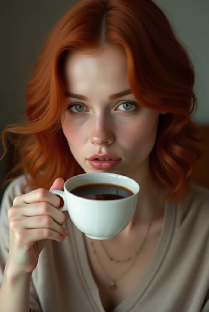 Une femme rousse, d'une beauté envoûtante, savoure un café avec une élégance naturelle. Ses cheveux, d'un rouge intense et brillant, tombent en cascades douces autour de son visage, encadrant ses traits délicats et accentuant la profondeur de ses yeux. Elle est assise à une table de café, peut-être près d'une fenêtre où la lumière du matin éclaire doucement la scène.
Elle porte une tenue simple mais sophistiquée, peut-être un chemisier légèrement ajusté qui souligne subtilement sa silhouette. Ses doigts fins enveloppent la tasse en porcelaine, et elle la porte à ses lèvres avec une sensualité discrète. Le contraste entre la blancheur de la tasse et la chaleur de ses cheveux crée une harmonie visuelle qui capte l'attention.
Son expression est sereine, presque contemplative, alors qu'elle savoure chaque gorgée. Le parfum du café embaume l'air, ajoutant une touche de confort à l'atmosphère. Autour d'elle, le café est animé par des conversations légères et le bruit doux des cuillères contre les tasses, mais elle semble plongée dans un moment de calme, profitant pleinement de cet instant. La scène, bien que simple, dégage une sensualité raffinée, rendant chaque geste de cette femme rousse aussi captivant que naturel.