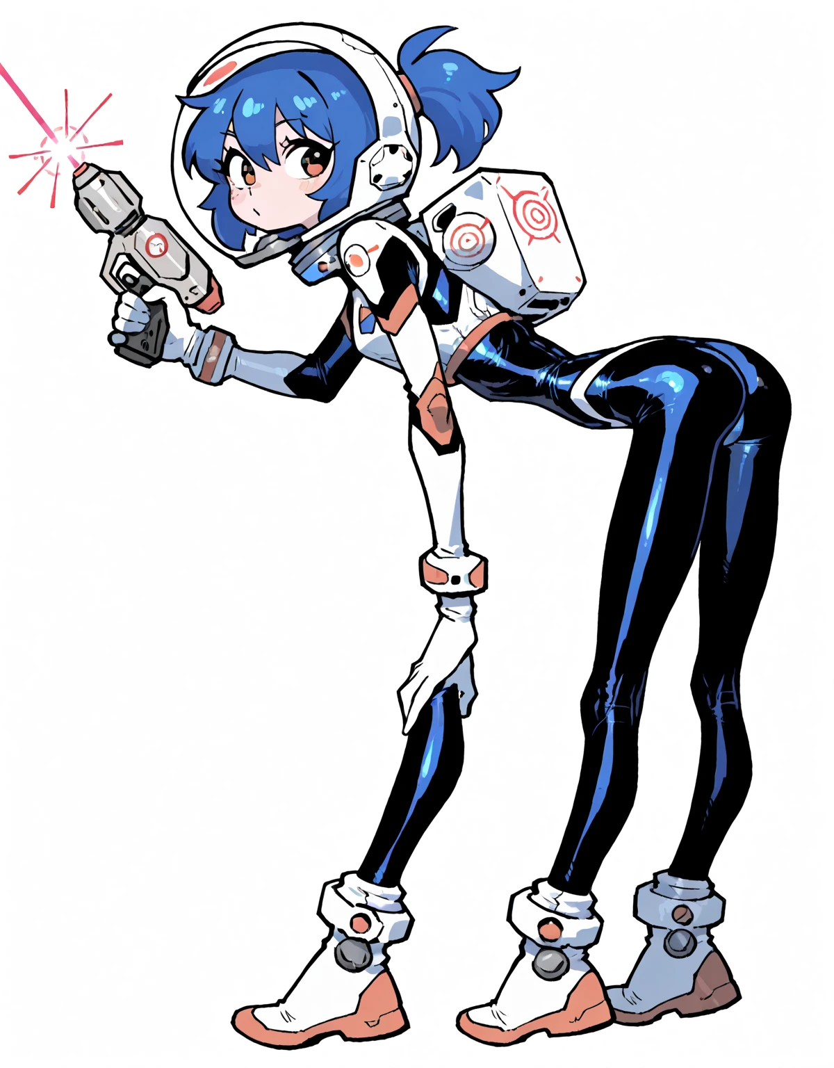 space adventurer girl, sexy, space adventurer, tight spacesuit, astronaut helmet, sexy, cute, blue hair, skinny, full body illustration, white background, futuristic laser spiral pistol, martian girl, back, leaning forward, sexy pose, 