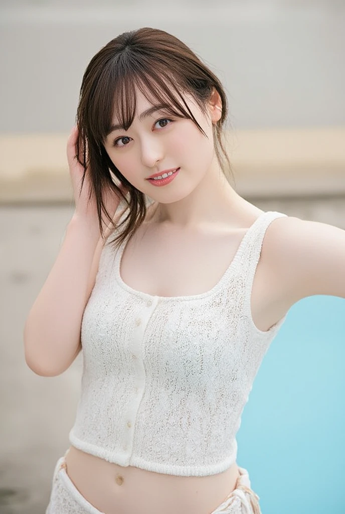 One girl, Beautiful woman, Knitted tank top，White and blue stripes々Panties, skinny, Perfect body,  Golden Hair, Standing in the pool room during the day,  Highly detailed face, Beautiful Eyes, Beautiful Lips, double eyelid, A shy smile, Shorn bangs, Sunburned skin, Pubic Hair Tips, (Highest quality, 8k, masterpiece:1.3), front and full body shot, Pussy Line, Positive, Open legs pubic hair