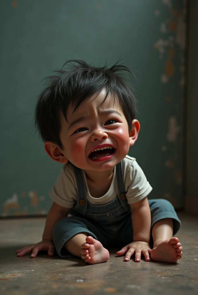 It's a cover, a thin, white-skinned child, short black hair, wearing a long off-white shirt, squatting down holding your knees with your hands, with his mouth wide open and another child looking out of it, just like him, but this one in a demonic form and tearing out his eyes., and the background being pale yellow